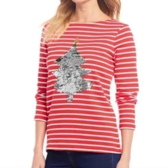 Joules Christmas Tree Harbour Luxe Festive Sequined Red Striped Top - Picture 1 of 5